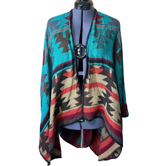 Source Unknown Sweaters - Southwestern Inspired Poncho / Cape Teal Brown Red Tribal Print Western Style OS